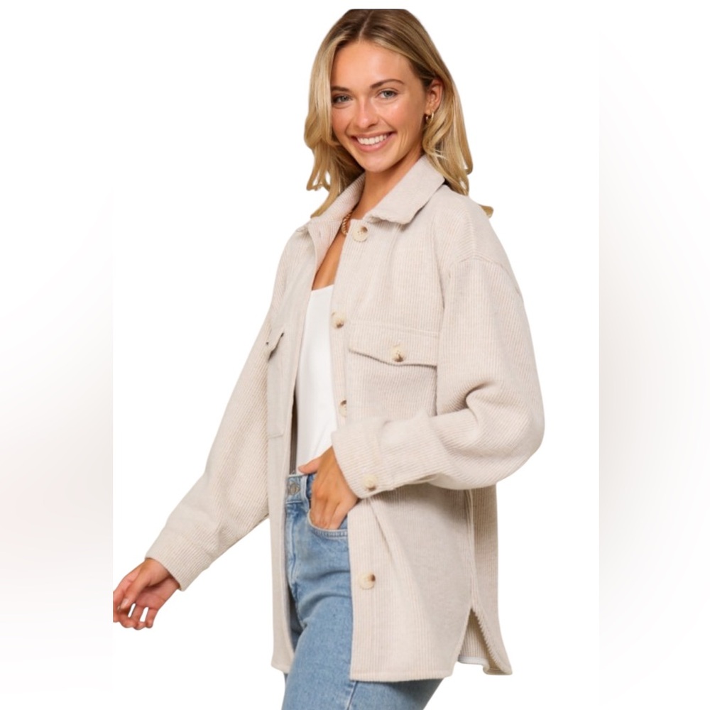 Timing Shacket Collared Button Up Long Sleeve Oatmeal/ Cream stripe Shacket - Picture 1 of 6